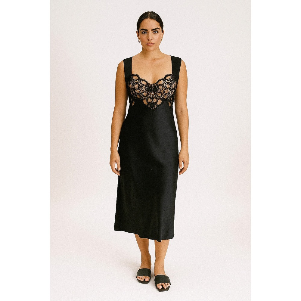 Adonna 80s vtg silky black lace‎ nightgown